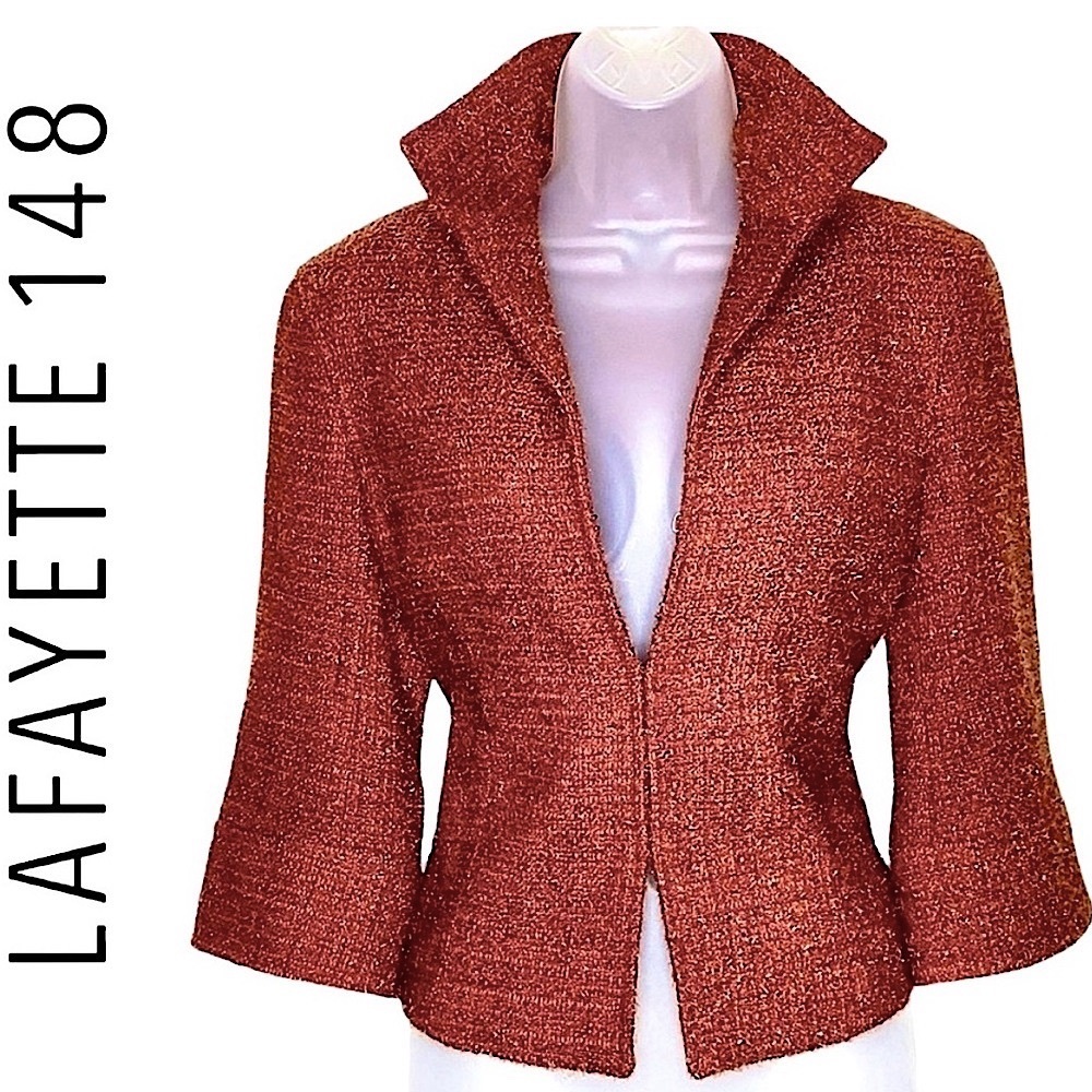 Lafayette 148 Metallic Sparkle Wool Tweed Blazer Suit Red Orange Silver Work 4 - Picture 2 of 16